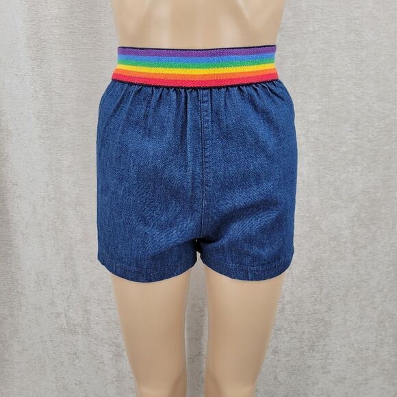 Moddy's Goose 70s 80s Vintage Blue Jean Denim Shorts with Rainbow Waistband - Picture 2 of 12